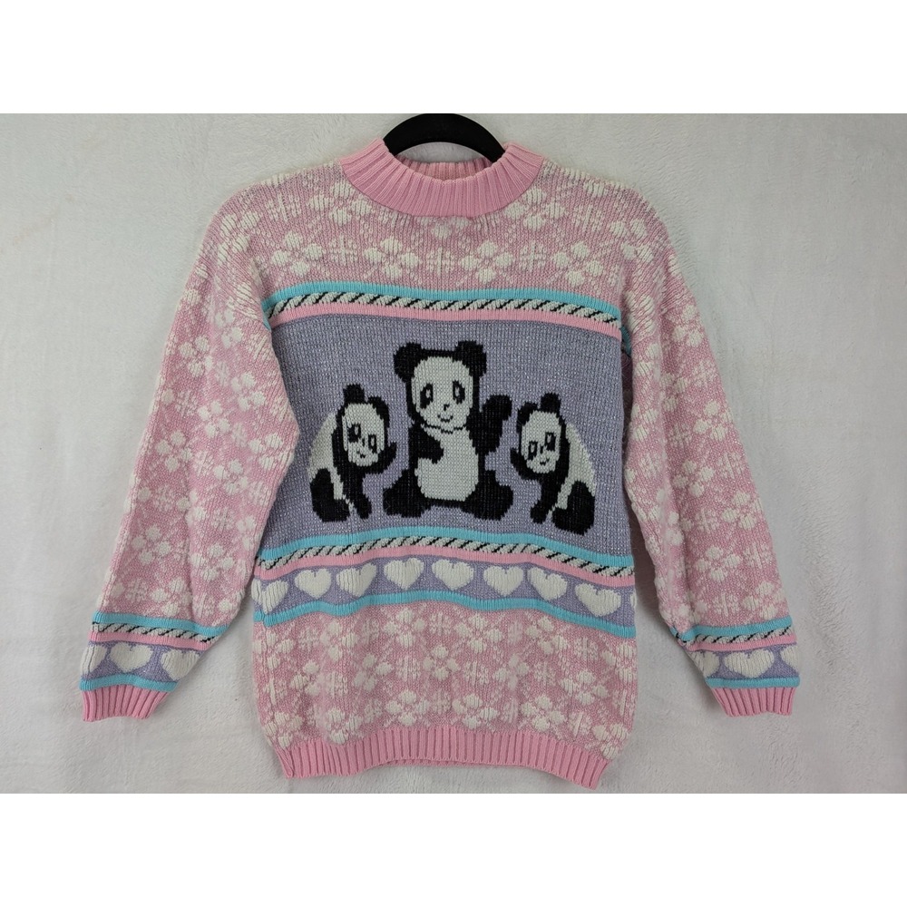 Vintage Panda Sweater Pink Glitter 80s Pastel Heart Kawaii Harajuku Fairy Kei